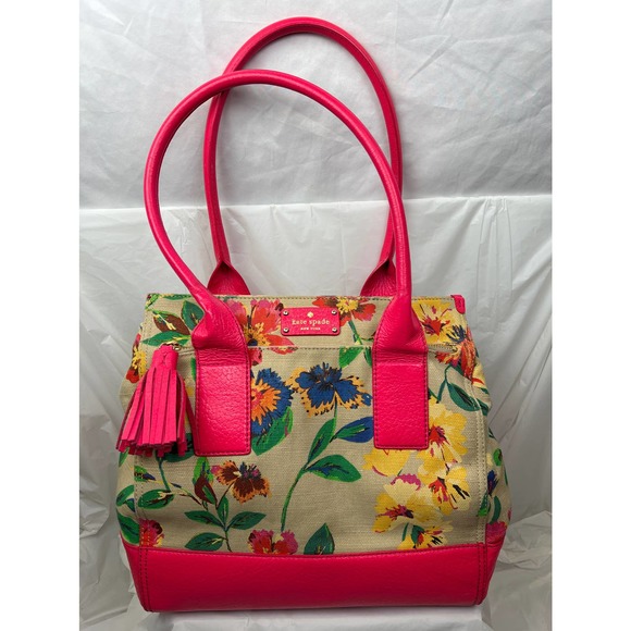 kate spade Handbags - Kate Spade Floral Canvas Large Shoulder Bag with Hot Pink Leather Accents